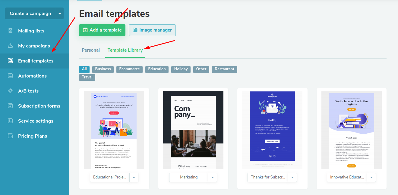SendPulse template editor.