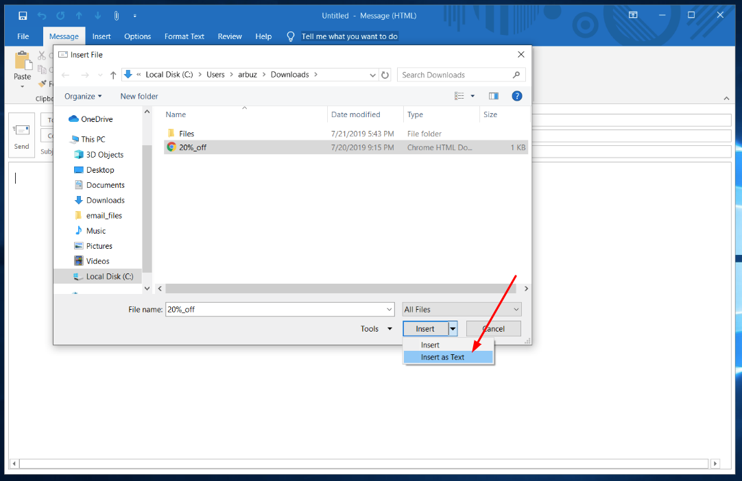 Outlook attach file and insert as a text