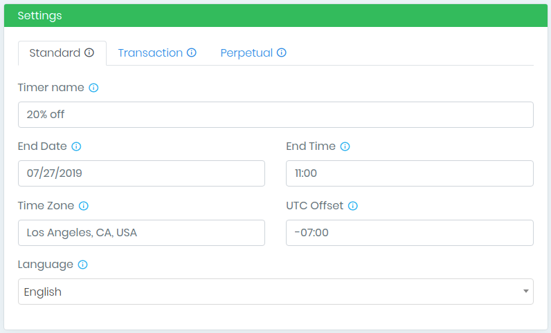 Settings for timers